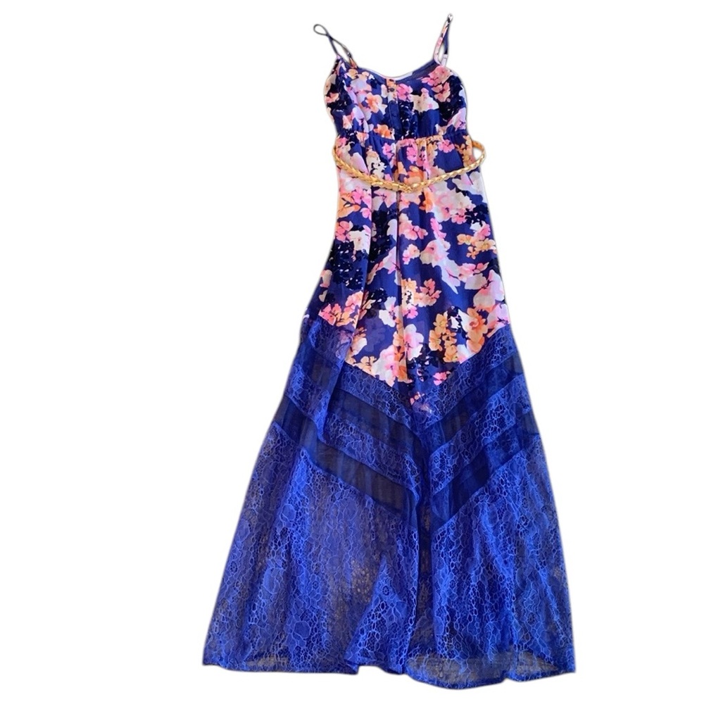 Candie’s Blue/Pink Floral Spaghetti Strap Lace Maxi Dress With Gold Braided Belt